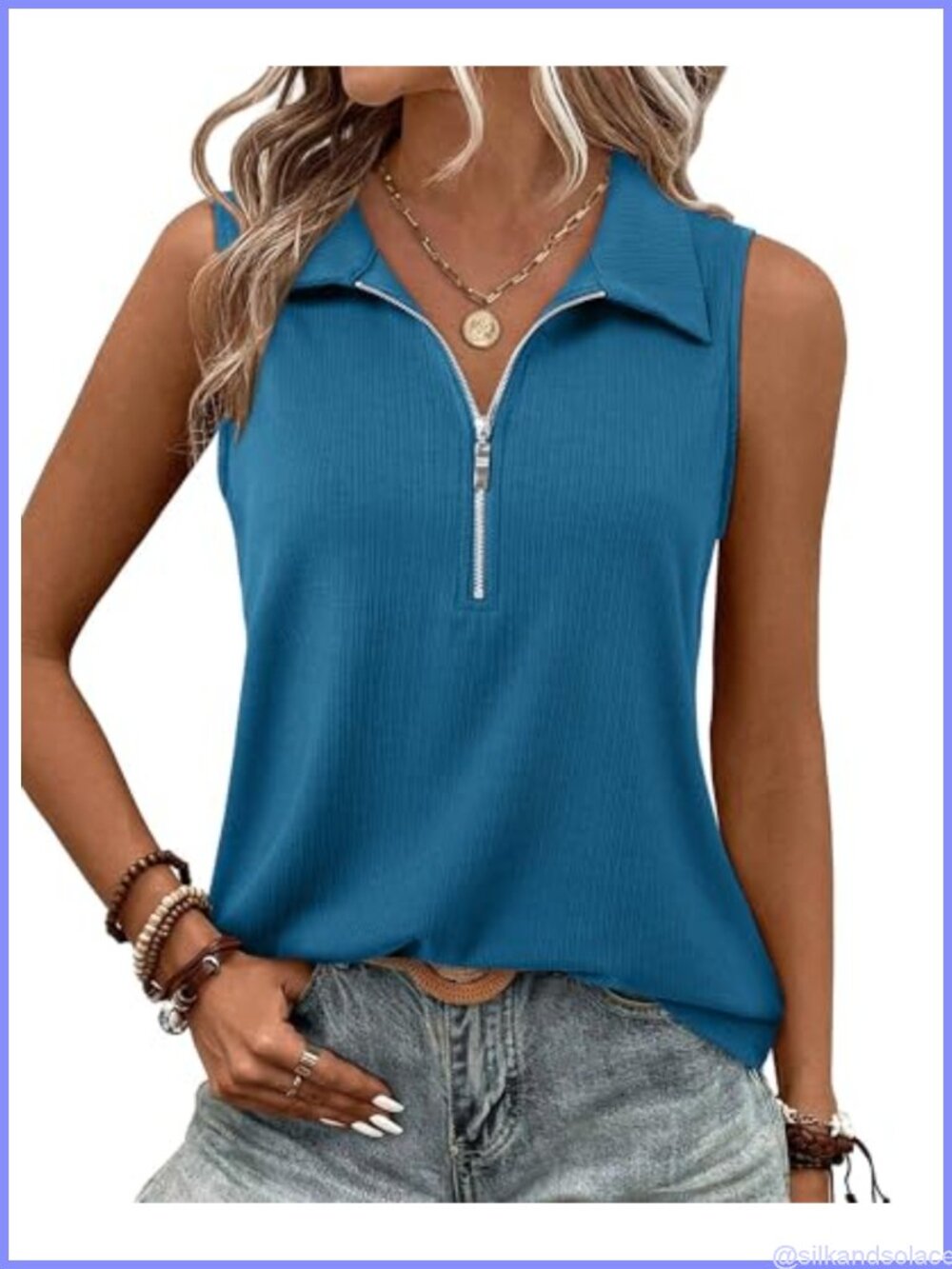Ribbed Knit Zipper V-Neck Tank Top Sleeveless Dressy Casual Blouse